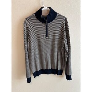 J.Crew Quarter Zip Sweater Mens M Blue Ivory Striped Cotton Pullover Classic